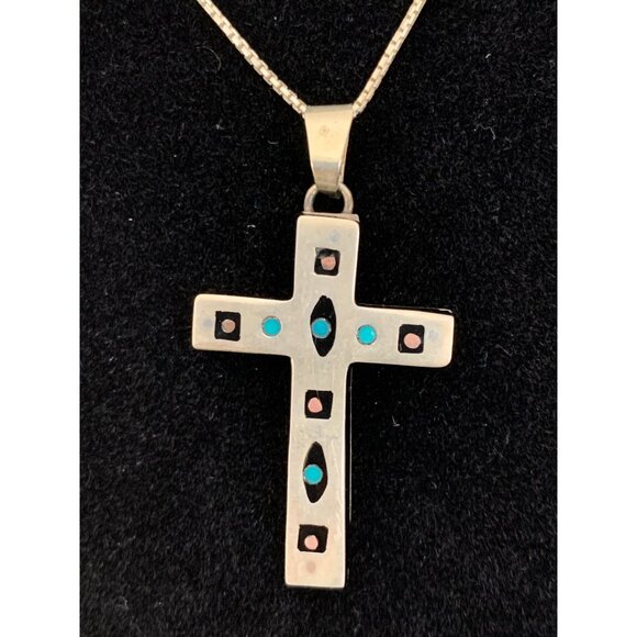 VTG Sterling Silver Cross Pendant Necklace Turquoise Onyx Inlays 7598 Mexico 18" - Picture 4 of 11